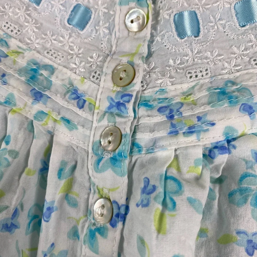 Eileen West Cotton Lawn Chemise Nightgown Small pearl buttons lace cottage blue